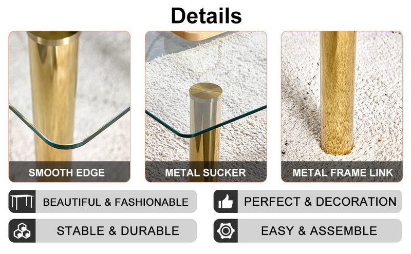 A modern minimalist style glass dining table. Transparent tempered glass tabletop with a thickness of 0.3 feet and golden metal legs. Suitable for restaurants and living rooms. 51"x31.4"x29.5"