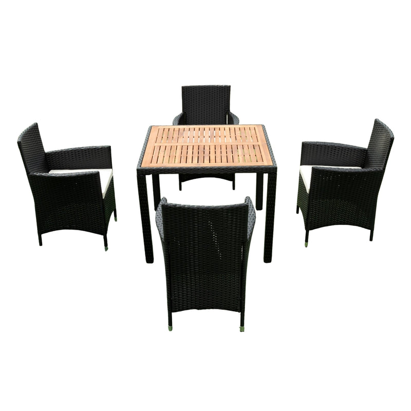 5 piece Outdoor Patio Wicker Dining Set Patio Wicker Furniture Dining Set w/Acacia Wood Top Black Wicker + Creme Cushion