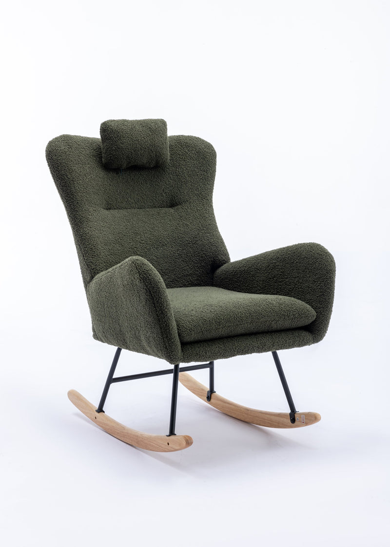 35.5 inch Rocking Chair, Soft Teddy Velvet Fabric Rocking Chair for Nursery, Comfy Wingback Glider Rocker with Safe Solid Wood Base for Living Room Bedroom Balcony (dark green)