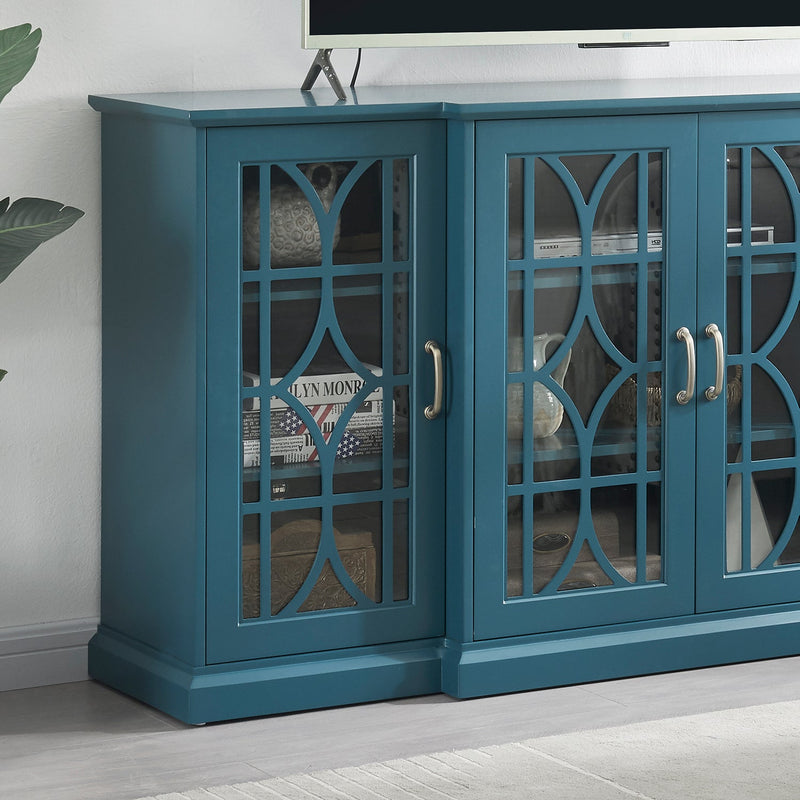 63" TV Stand, Storage Buffet Cabinet, Sideboard with Glass Door and Adjustable Shelves, Console Table for Dining Living Room Cupboard, Teal Blue