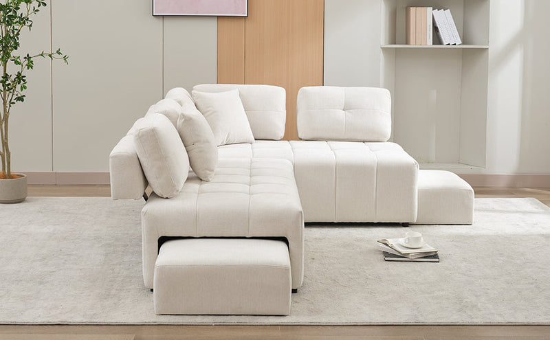 91.73" L-shaped Sofa Sectional Sofa Couch with 2 Stools and 2 Lumbar Pillows for Living Room, Biege
