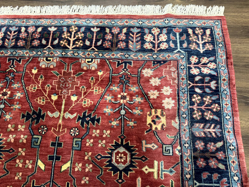 Indo Persian Heriz Serapi Rug 6x8, Rust Red and Navy Blue, Allover Pattern