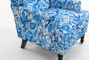 Upholstered Accent Chair with Blue and White Porcelain Print Linen Fabric
