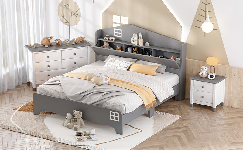 3-Pieces Bedroom Sets Full Size House Bed with Storage Headboard, Wooden Nightstand and Storage Dresser,Gray