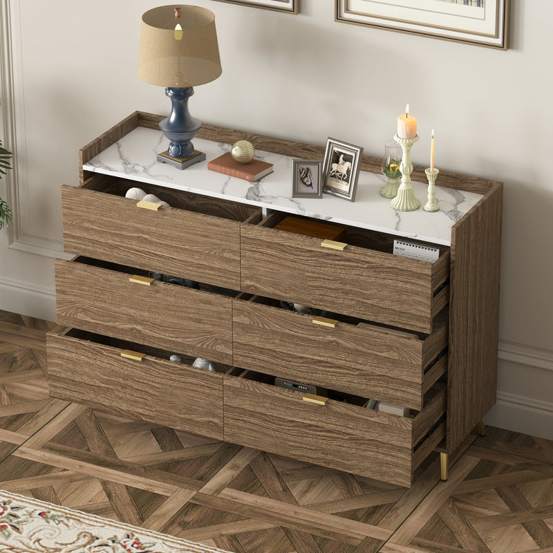 55" Long 6 Drawer Dresser with Marbling Worktop, Mordern Storage Cabinet with Metal Leg and Handle for Bedroom,Walnut