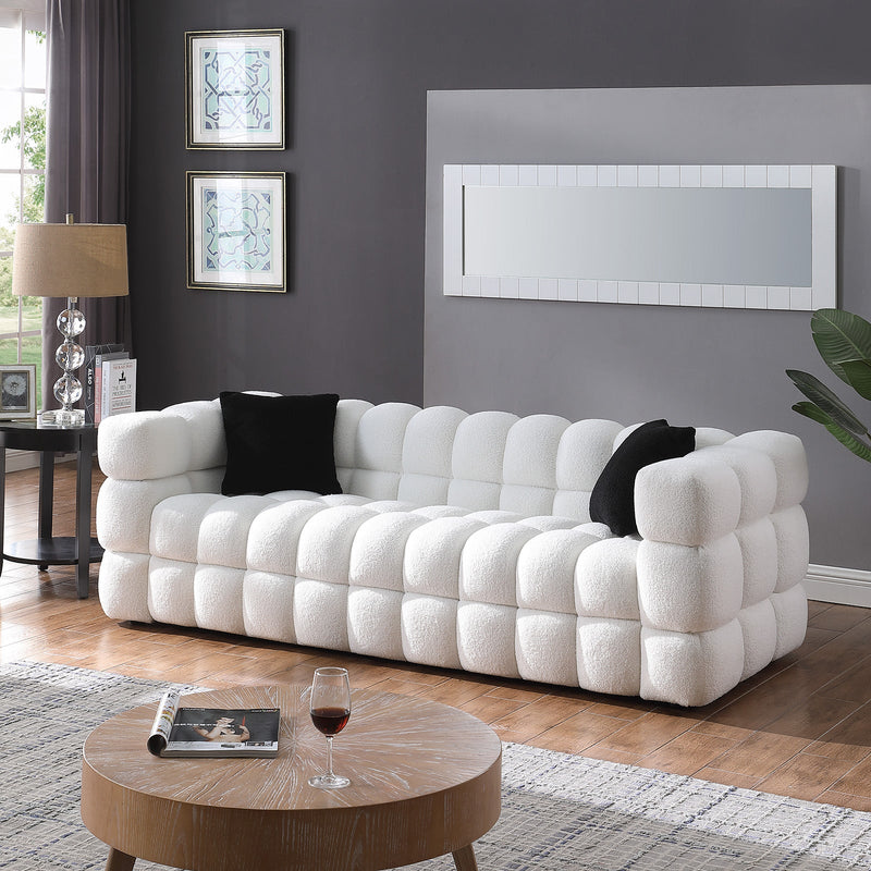 84.3/62.2 length, 35.83" deepth, human body structure for USA people, marshmallow sofa,boucle sofa, White color,3 seater. sofa and loveseater