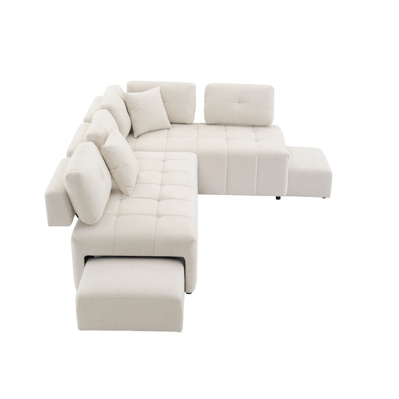 91.73" L-shaped Sofa Sectional Sofa Couch with 2 Stools and 2 Lumbar Pillows for Living Room, Biege
