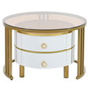 27.5" & 19.6" Stackable Coffee Table with 2 Drawers, Nesting Tables with Brown Tempered Glass and High Gloss Marble Tabletop, Set of 2, Round Center Table for Living Room, White