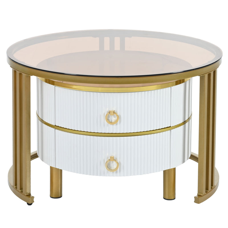 27.5" & 19.6" Stackable Coffee Table with 2 Drawers, Nesting Tables with Brown Tempered Glass and High Gloss Marble Tabletop, Set of 2, Round Center Table for Living Room, White