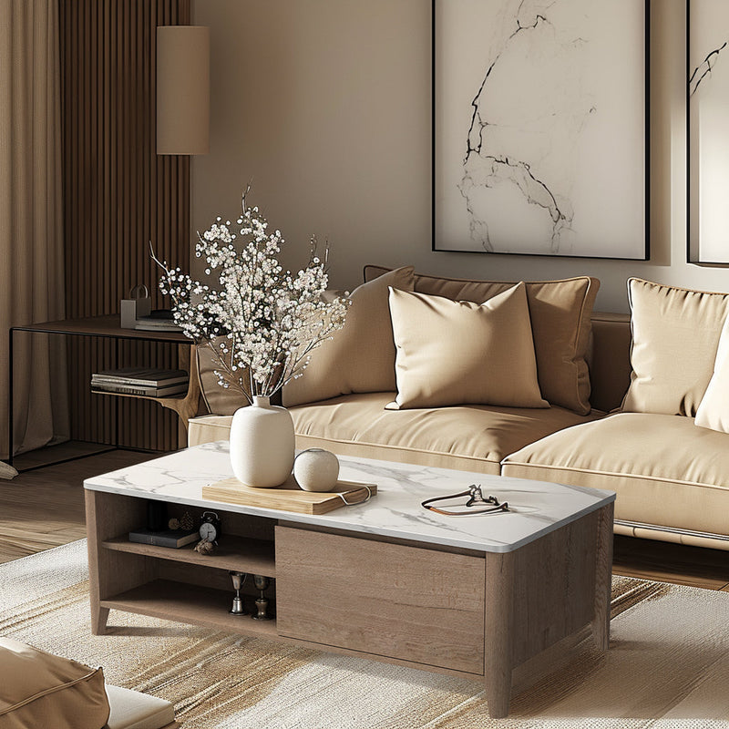 47 Inch Modern Farmhouse Double Drawer Coffee Table for Living Room or Office, Tobacco Wood and White Marble