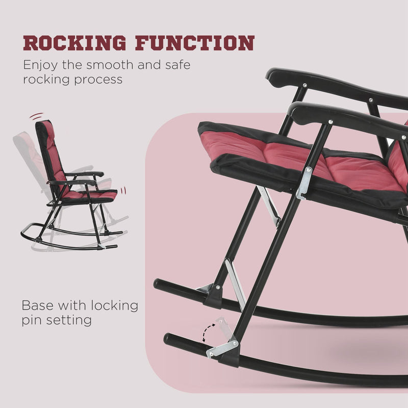 3 Piece Outdoor Patio Furniture Set with Glass Coffee Table & 2 Folding Padded Rocking Chairs, Bistro Style for Porch, Camping, Balcony, Red