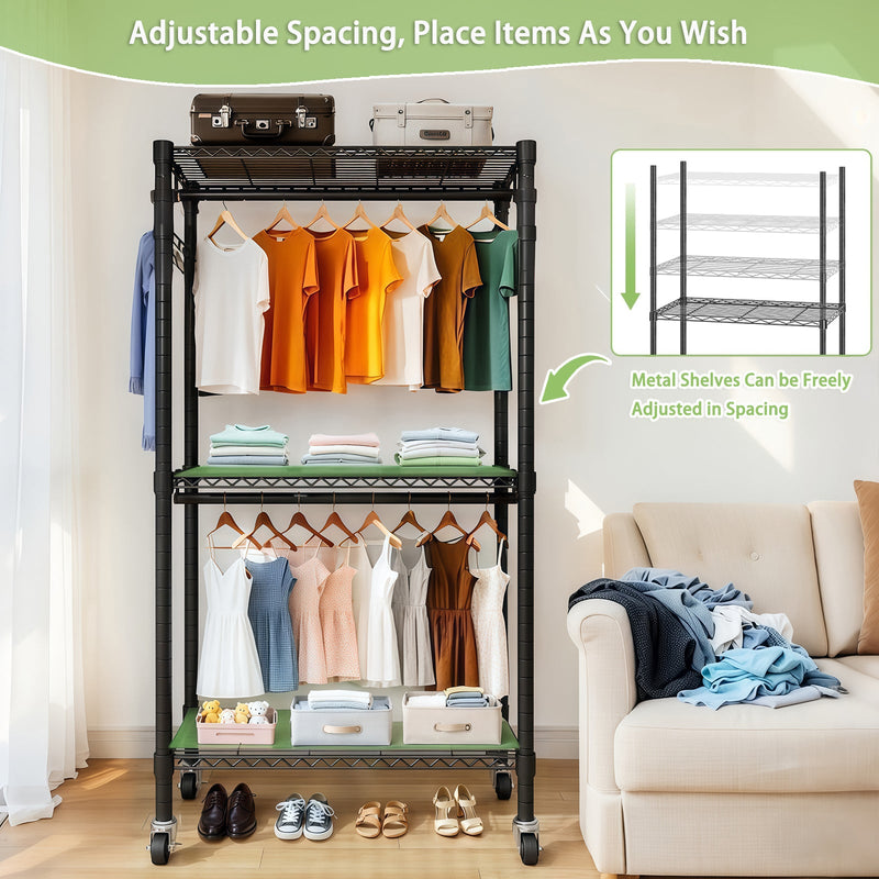 Heavy Duty Rolling Clothes Rack with 3 Tier Shelves, 2 Rails & Side Hooks, Adjustable Freestanding Organizer, Black Metal