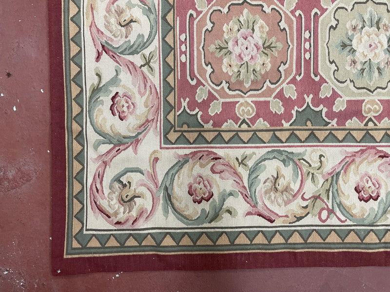 9x9 Square Rug Hand Knotted, Needlepoint Aubusson Carpet, Blush Red, Beige, Green, New, Mint Condition Area Rug, English European Design