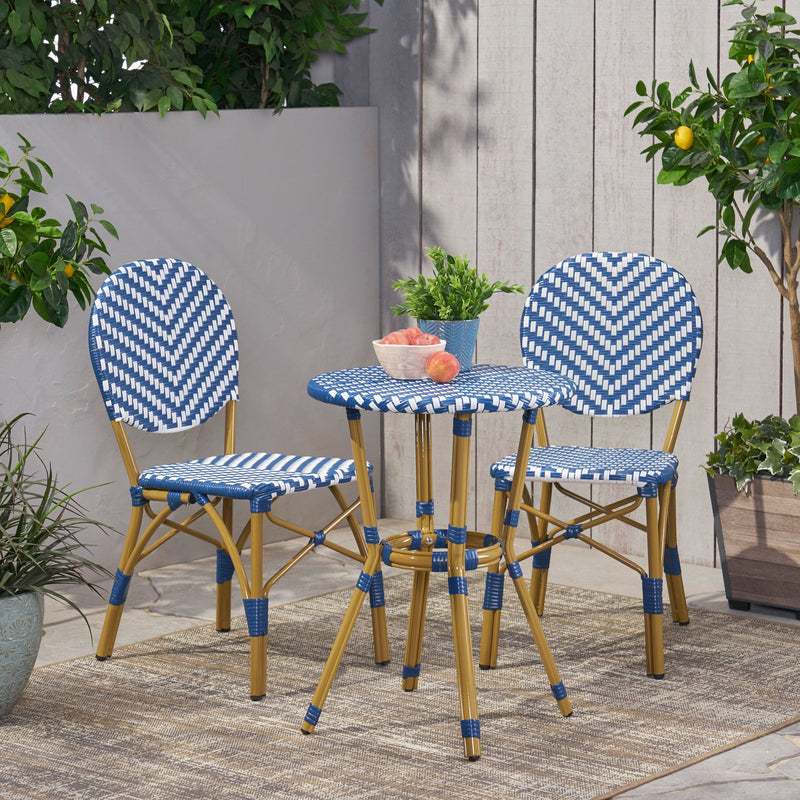 Walker Edison - Outdoor Aluminum 3 Piece French Bistro Set, Navy Blue, White, with Bamboo Finish