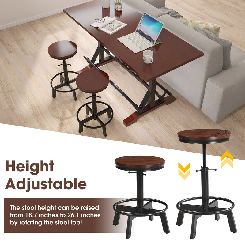 3-Piece Dining Table Set, 59" Wooden Sofa Side Table with Stabilizing Base, Rustic Brown Industrial Adjustable Height Stools, Modern Bar Table and Chairs for Living Room, Dining Room, and Space Saving