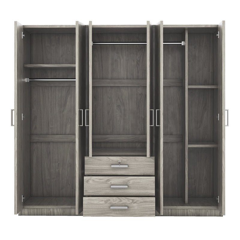 6-Doors Wooden Wardrobe Storage for Bedroom, with Big Drawers, Gray