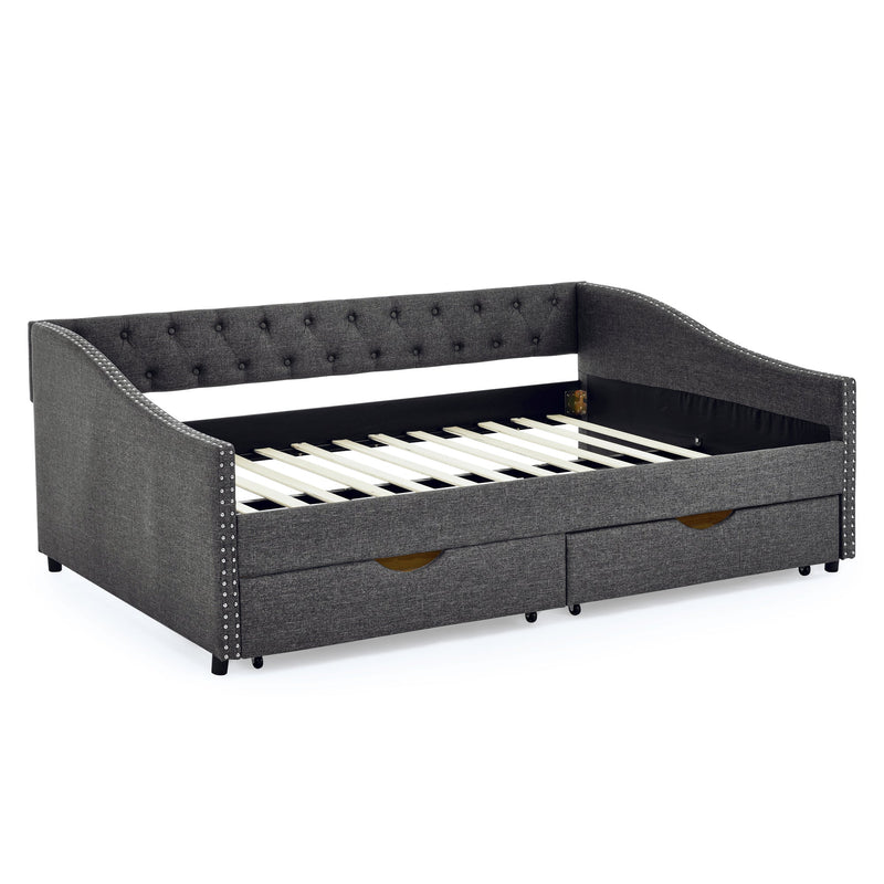 Full Size Daybed with Drawers Upholstered Tufted Sofa Bed, with Button on Back and Copper Nail on Waved Shape Arms(80.5"x55.5"x27.5")
