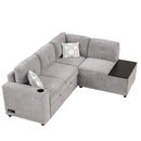 83.8" Reversible Sectional Pull-Out Sofa Bed L-Shaped Corner Sofa Couch with Storage Chaise, USB Ports, Power Sockets, Cup Holder for Living Room, Bedroom, Study,Light Gray
