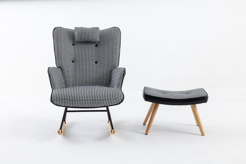 35.5 inch Rocking Chair with Footrest, Soft Houndstooth Fabric Leather Fabric Rocking Chair for Nursery, Comfy Wingback Glider Rocker with Safe Solid Wood Base for Living Room Bedroom Balcony (black)