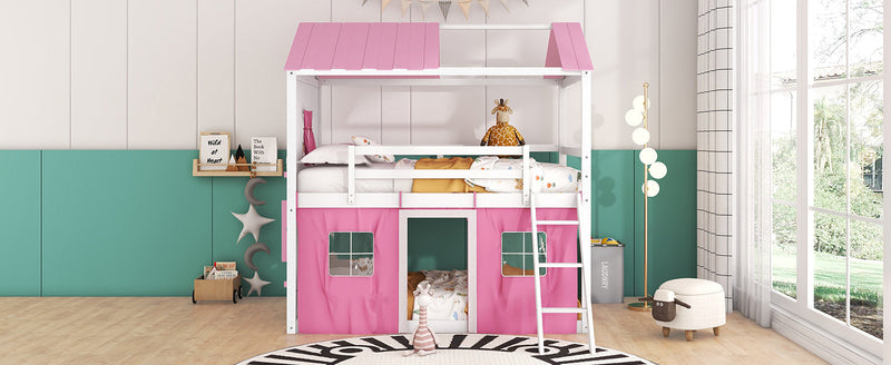 Full Size Bunk Wood House Bed with Elegant Windows, Sills and Tent, Pink+White