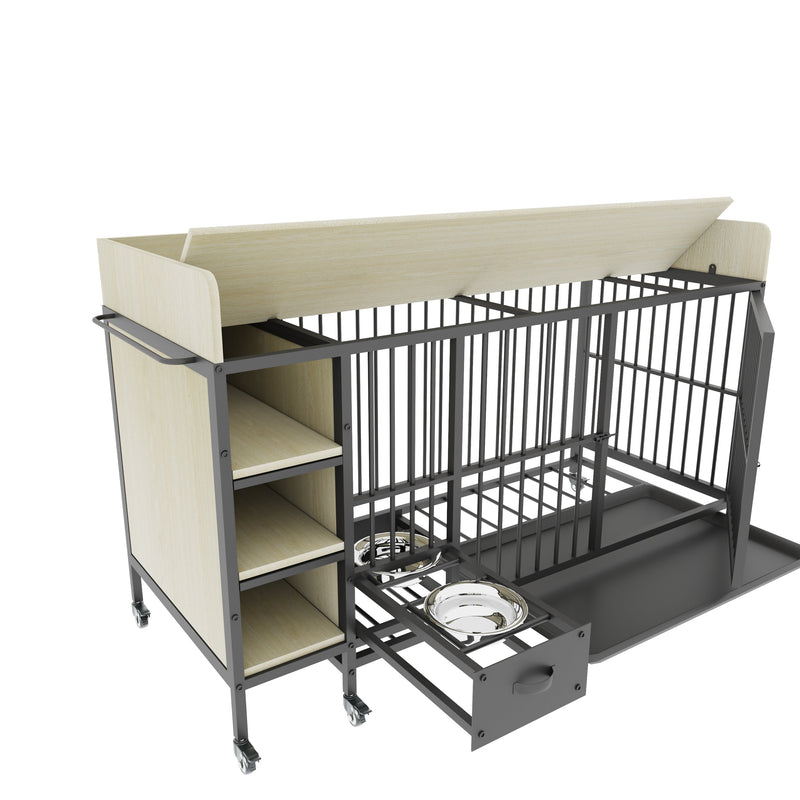 Large pet cage with storage rack, drawers with stainless steel food and water basin, made of iron frame and MDF material, sturdy, exquisite, and practical (black+beige)