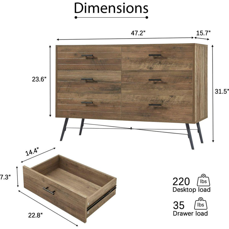6-Drawer Chest, 6 Drawer Dresser TV Stand for TV, Dressers Bedroom Furniture Large Storage Tower Unit, Dresser for Bedroom, Closet, Hallway, 47.2"W x 15.7"D x 31.5"H, Rustic Walnut