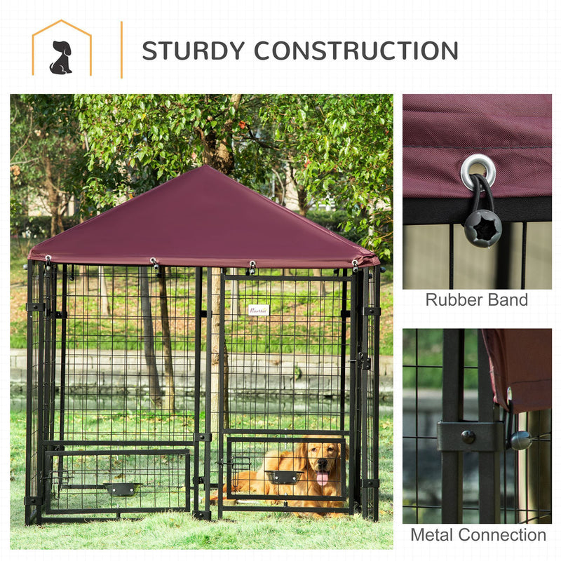 5' x 5' x 5' Dog Kennel Outdoor with Rotating Bowl Holders, Walk-in Pet Playpen, Welded Wire Steel Dog Fence with Water-and UV-Resistant Canopy, Black and Red