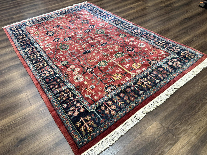 Indo Persian Heriz Serapi Rug 6x8, Rust Red and Navy Blue, Allover Pattern