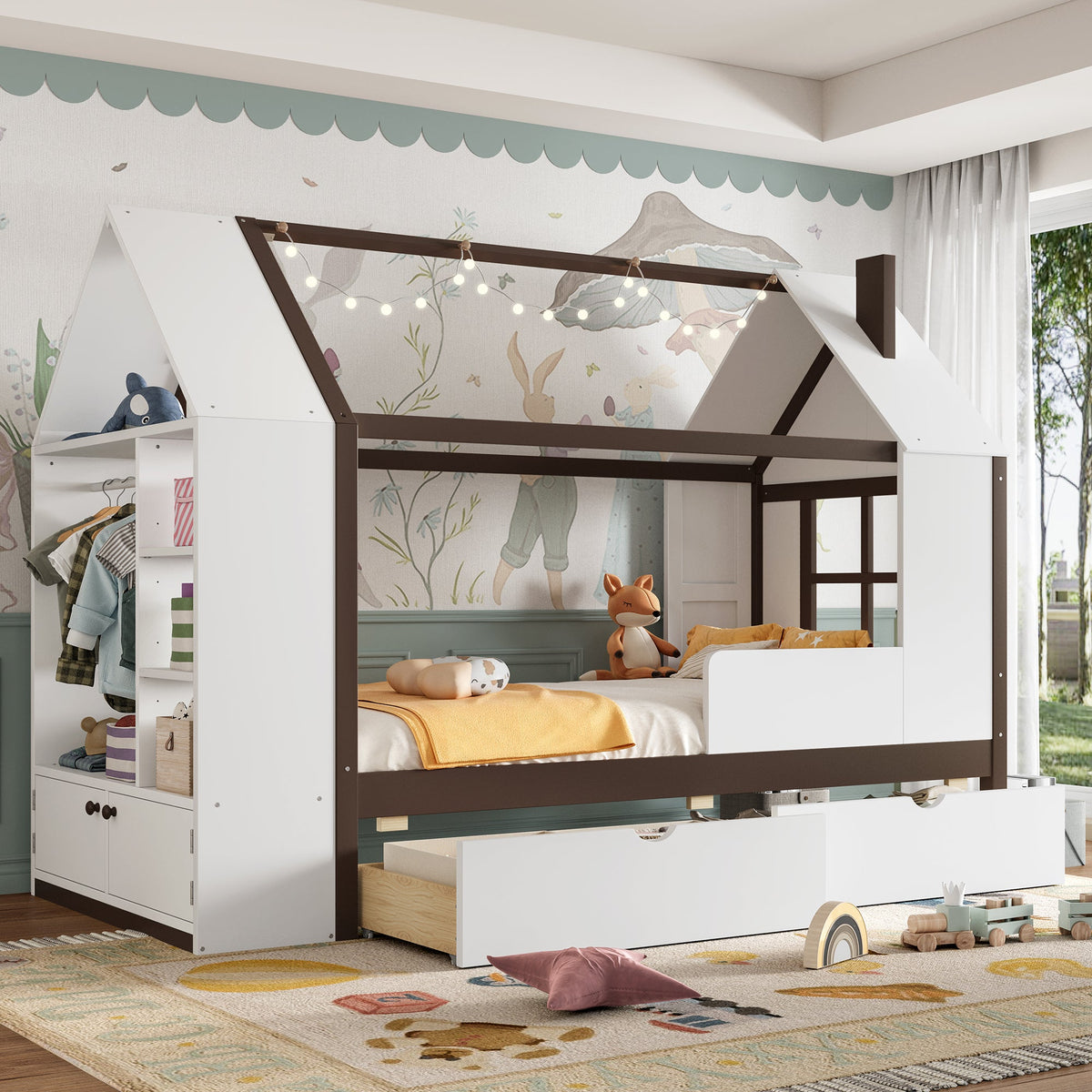 Twin Size House Platform Bed with Drawers, Solid Wood House Bed with Shelves, photo 2 of 10