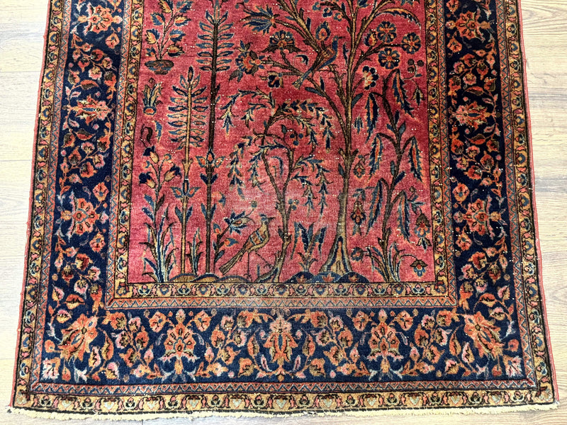 Antique Persian Tree of Life Rug 3x5, Manchester Wool, Bird Pictorials, Fine 240 KPSI, Red Navy Blue