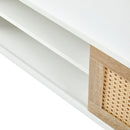 55.12" Rattan TV cabinet, double sliding doors for storage, adjustable shelf, solid wood legs, TV console for living room, White