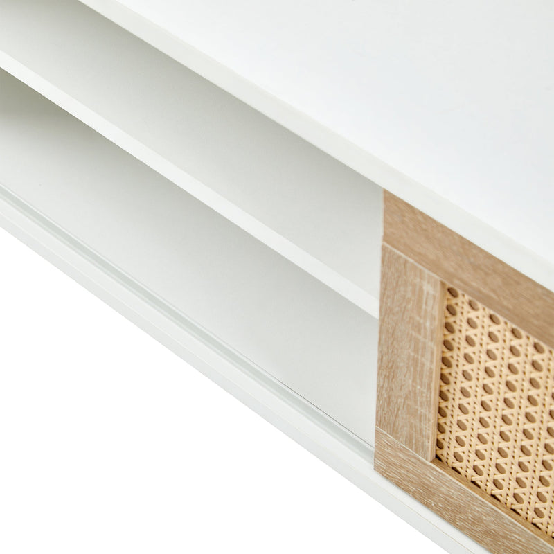 55.12" Rattan TV cabinet, double sliding doors for storage, adjustable shelf, solid wood legs, TV console for living room, White