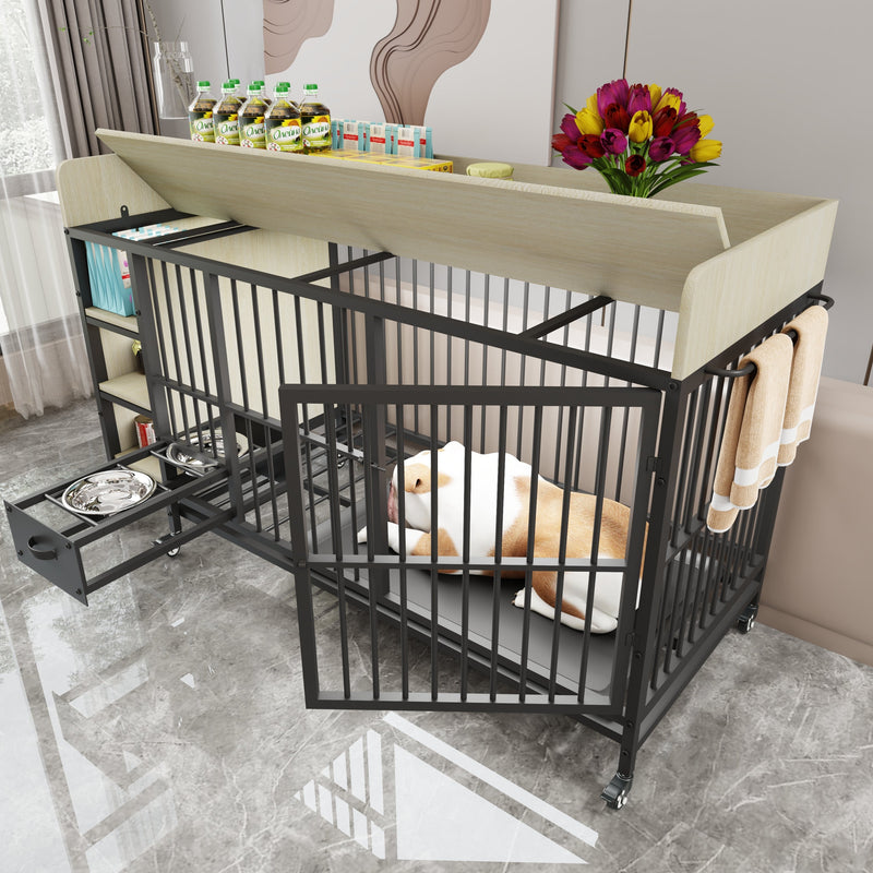 Large pet cage with storage rack, drawers with stainless steel food and water basin, made of iron frame and MDF material, sturdy, exquisite, and practical (black+beige)