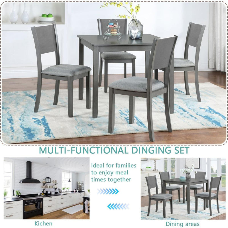 5 Piece Modern Dining Set, Square Wooden Dining Table with 4 Upholstered Chairs for Kitchen, Dining Room, Gray
