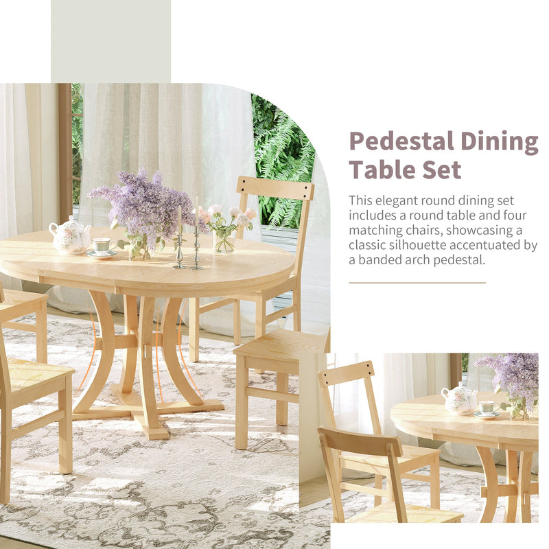 5-Piece Rustic Round Pedestal Extendable Dining Table Set with 15.7" Removable Leaf and Simple Dining Chirs for Small Places, Natural