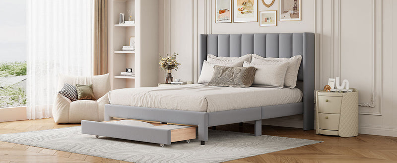 Walker Edison - Full Size Storage Bed Velvet Upholstered Platform Bed with a Big Drawer - Gray