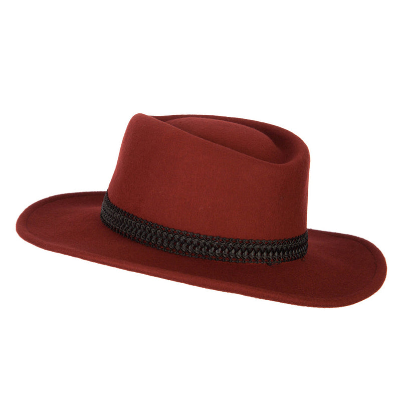 Women's Designed Band Accented Pinched Top Large Brim Wool Fedora Hat