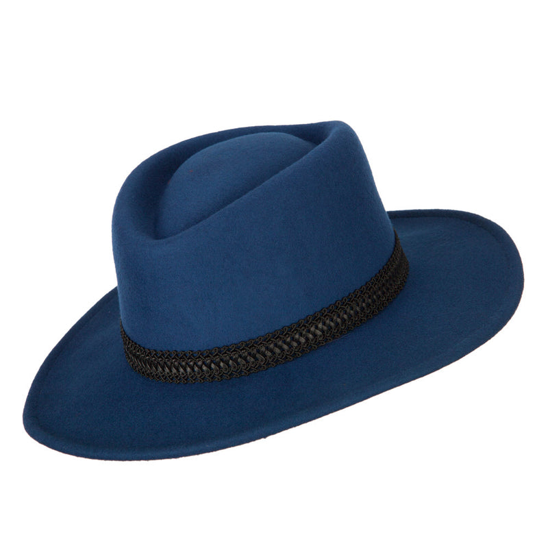 Women's Designed Band Accented Pinched Top Large Brim Wool Fedora Hat