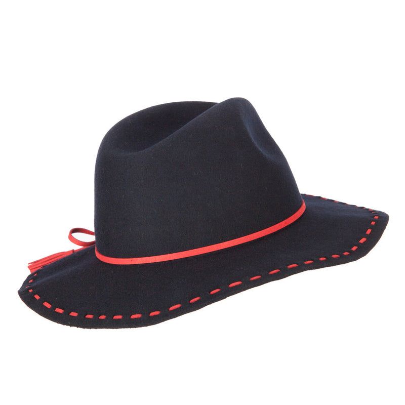 Women's Tassel Tie Trim Large Stitch Detailed Brim Wool Fedora Hat