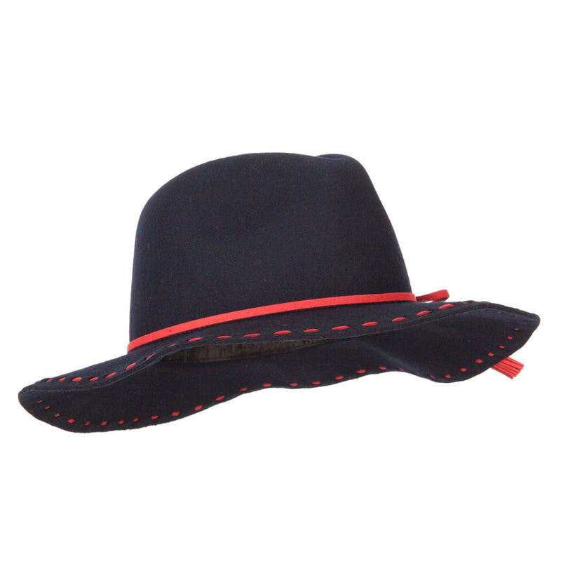 Women's Tassel Tie Trim Large Stitch Detailed Brim Wool Fedora Hat