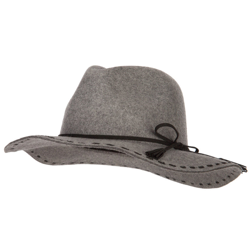 Women's Tassel Tie Trim Large Stitch Detailed Brim Wool Fedora Hat