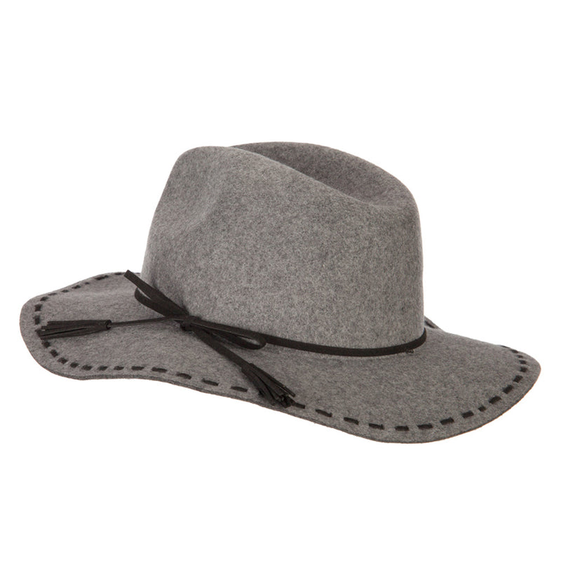 Women's Tassel Tie Trim Large Stitch Detailed Brim Wool Fedora Hat