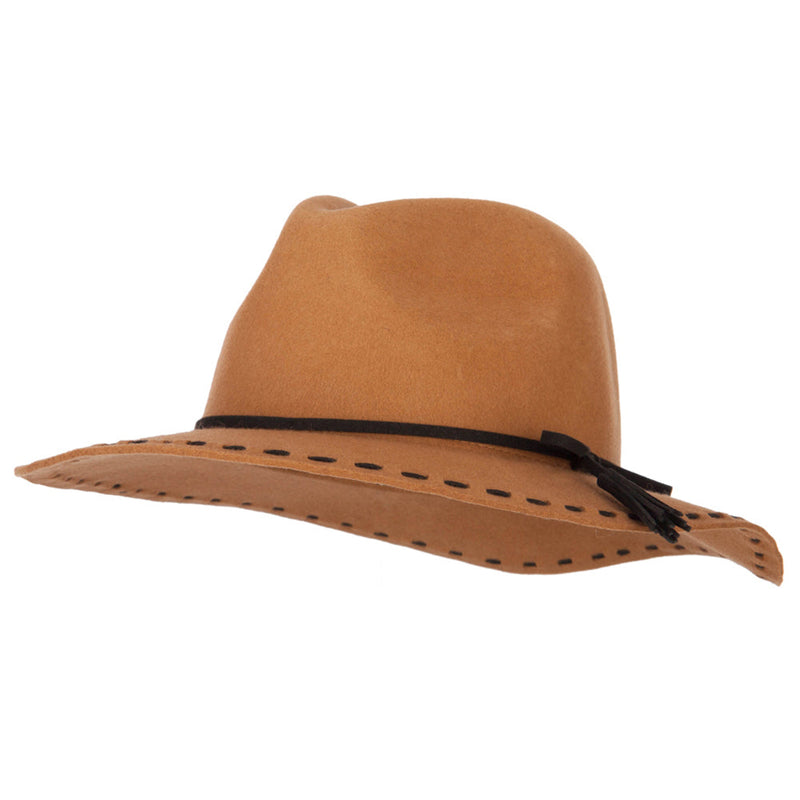 Women's Tassel Tie Trim Large Stitch Detailed Brim Wool Fedora Hat