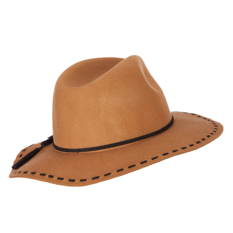 Women's Tassel Tie Trim Large Stitch Detailed Brim Wool Fedora Hat