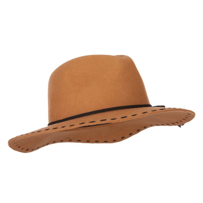 Women's Tassel Tie Trim Large Stitch Detailed Brim Wool Fedora Hat