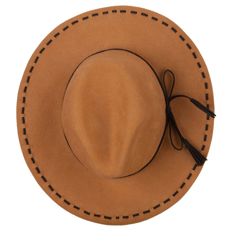 Women's Tassel Tie Trim Large Stitch Detailed Brim Wool Fedora Hat