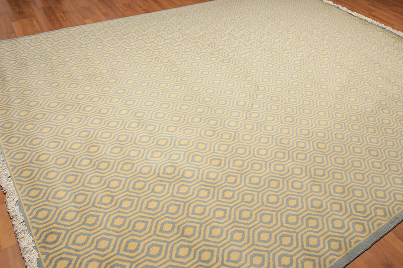 9' x 12' Hand knotted Honeycomb Wool Full Pile Area Rug Light blue Gold