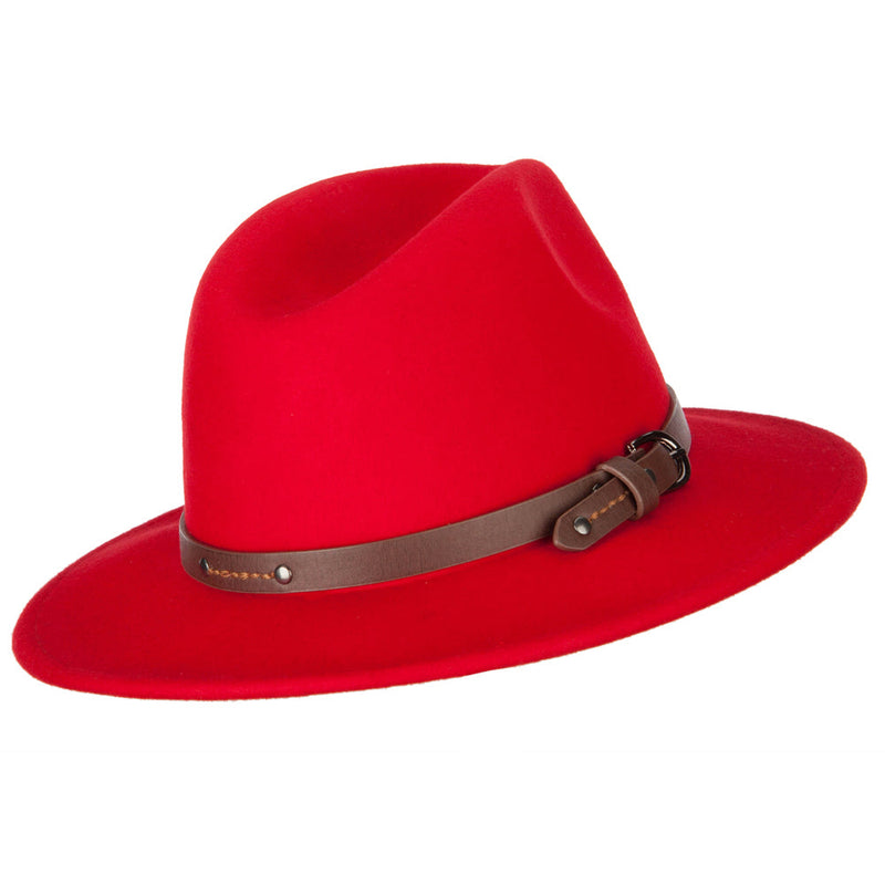 Women's Wool Leatherette Buckle Band Accented Large Brim Fedora Hat