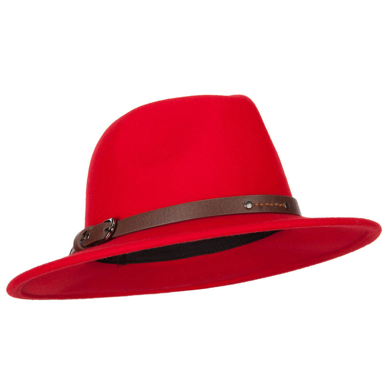 Women's Wool Leatherette Buckle Band Accented Large Brim Fedora Hat