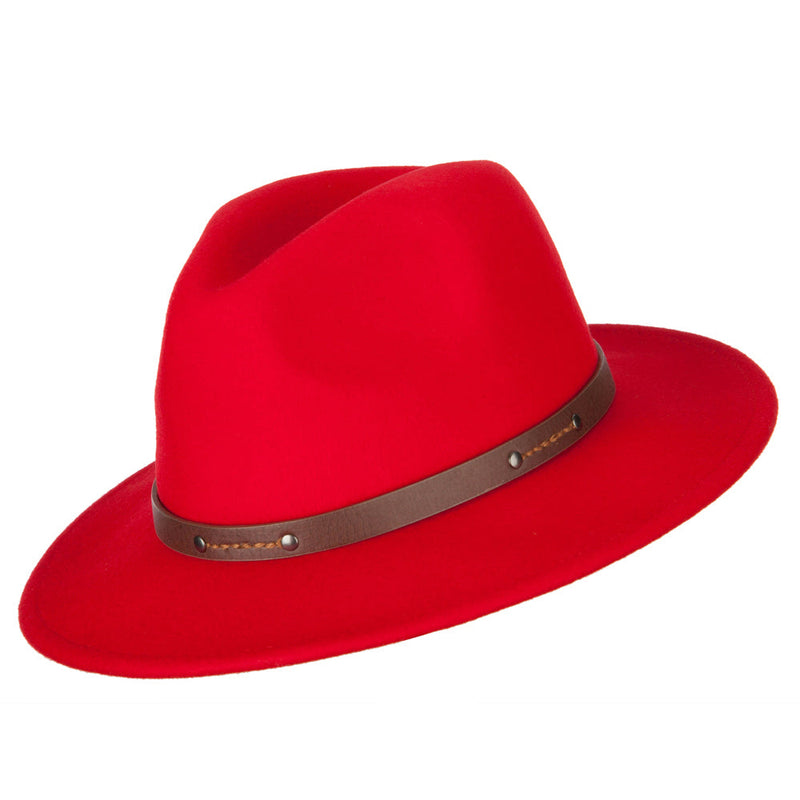Women's Wool Leatherette Buckle Band Accented Large Brim Fedora Hat